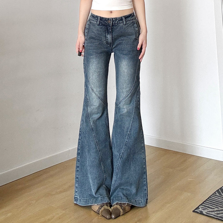Dame klassiske Flared Jeans med højt liv og frynset kant Skovae