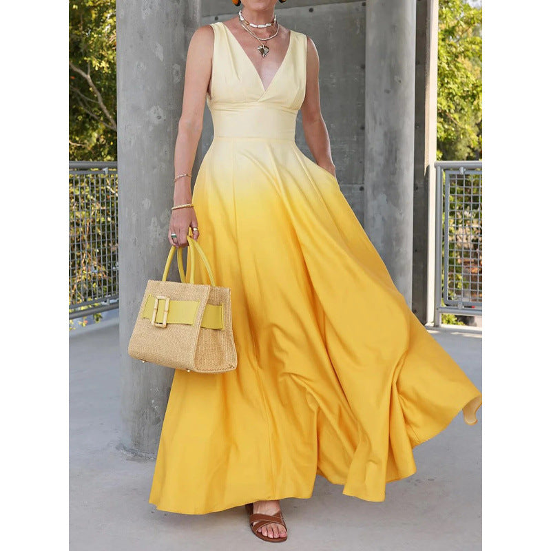 Dame Elegant V-Udskæring Farvegradient Maxi Kjole Stilla