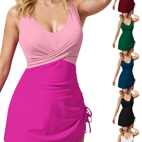 Damer sporty one-piece with wrap skirt and deep V-neck Skovae