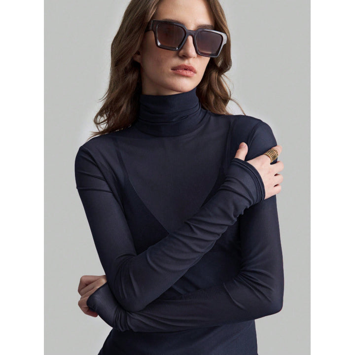 Dame Elegant langærmet transparent top med høj krave Skovae
