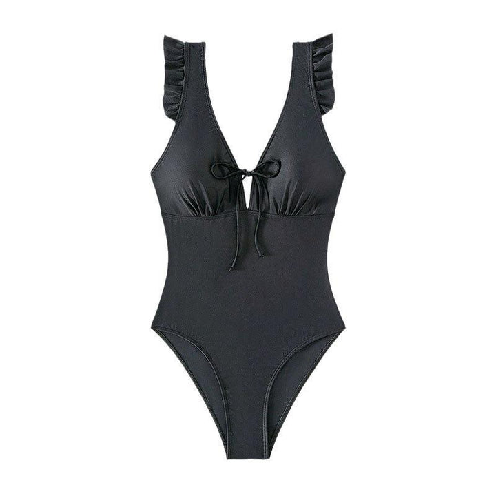 Dame one-piece badedragt med elegante flæser og dyb V-udskæring Skovae