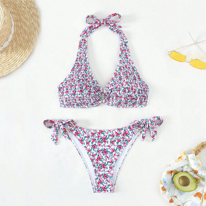 Dame Halter-Bikini med blomstret design og legende bindebånd Skovae