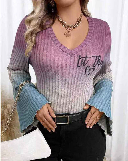Dame V-hals sweater med splittede ærmer og ombre-effekt Stilla