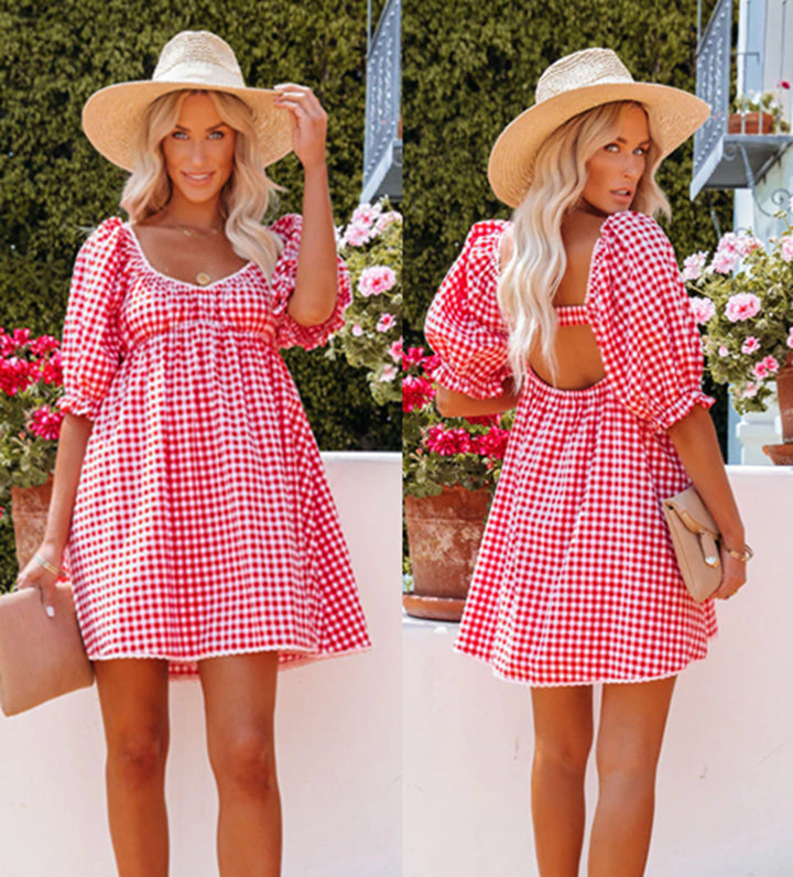 Dame Puffærmer Gingham Mini Kjole Stilla