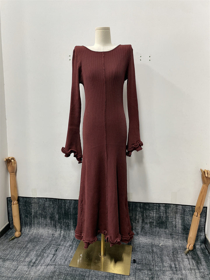 Dame Langærmet Strikkjole med elegante Flæse Detaljer Stilla