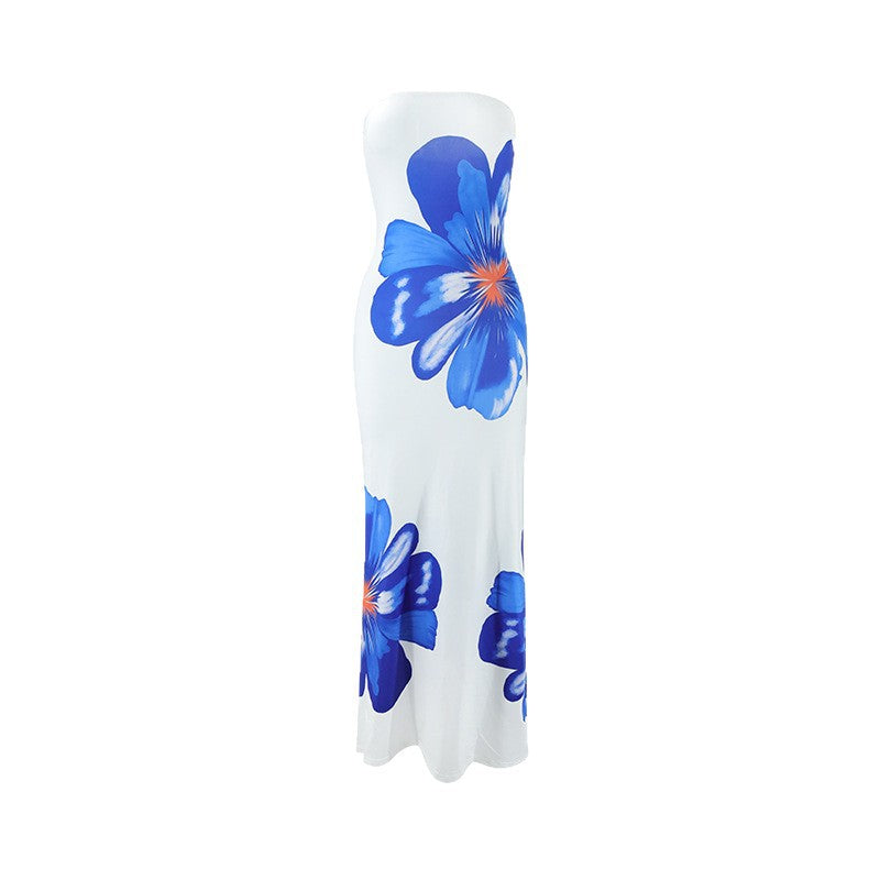 Dame off-shoulder maxi kjole med blomstertryk og flydende snit Skovae