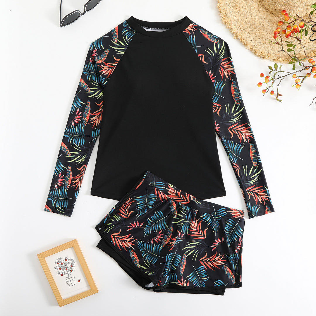 Dame Sporty Langærmet Rashguard med farverigt bladdesign Skovae