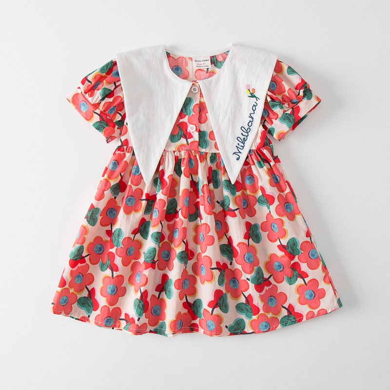 Pige Korte Ærmer Floral Print Kjole med Kontrastkrave Stilla