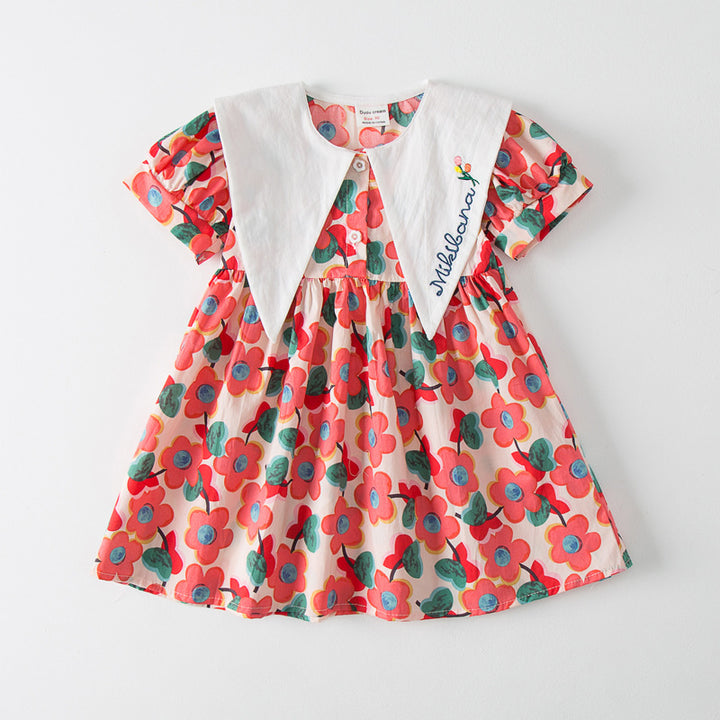 Pige Korte Ærmer Floral Print Kjole med Kontrastkrave Stilla