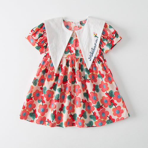 Pige Korte Ærmer Floral Print Kjole med Kontrastkrave Stilla