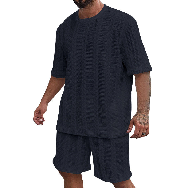 Herren nan afslappet fletningstrik fritids sæt med bred kortærmet t-shirt og elastiske Bermuda shorts