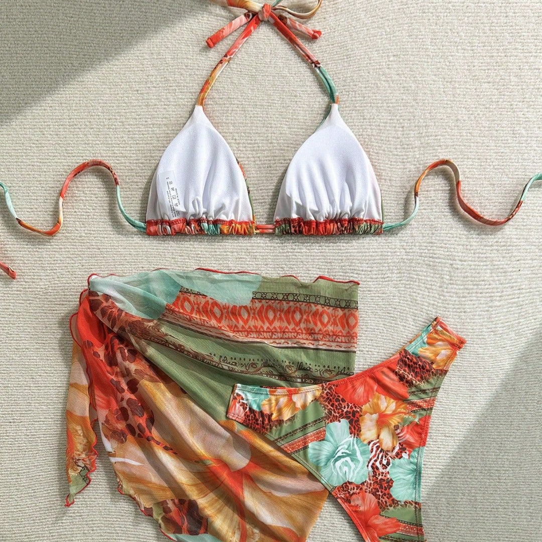 Dame Floral Bikini-Set med kombination af top og indpakningstørklæde Skovae