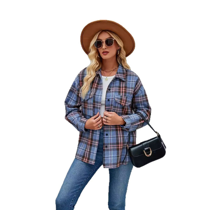 Kvinders flannel skjortejakke med ternet mønster og praktisk lomme-design Stilla