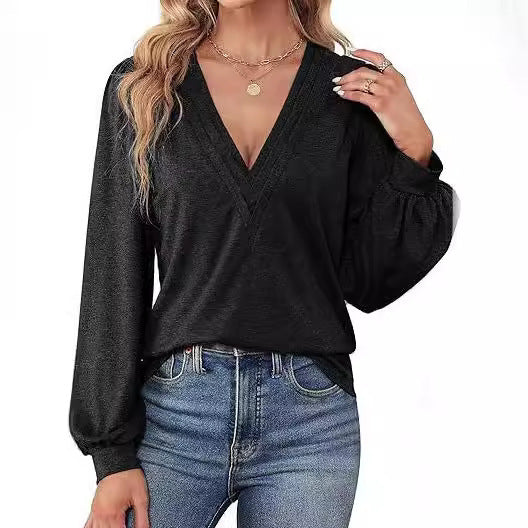 Damer Elegante V-Udskæring Top med Puffærmer Stilla