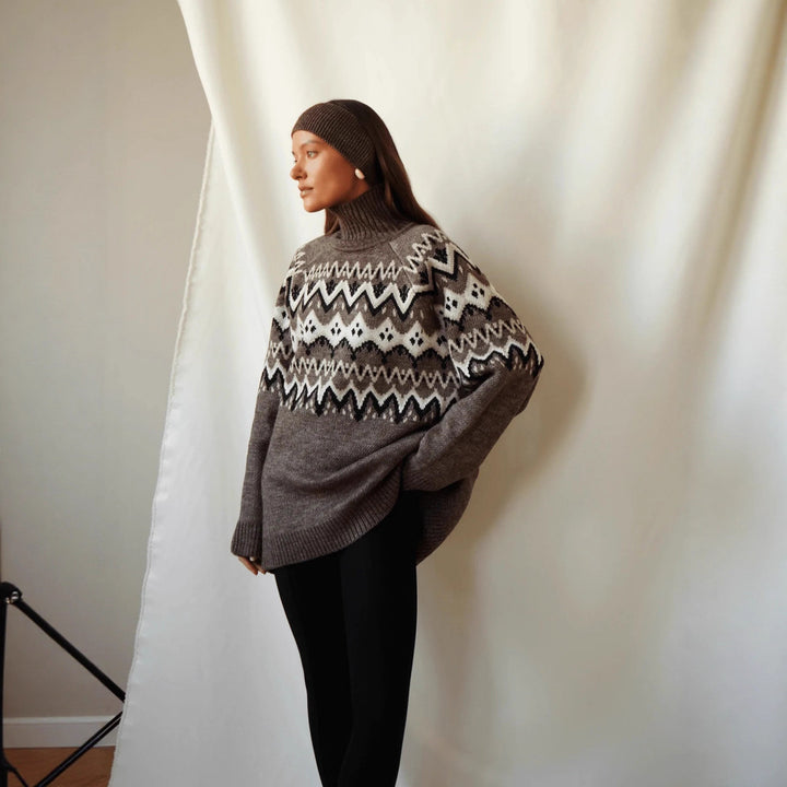 Kvinders chunky strik sweater med høj krave og geometrisk mønster Stilla