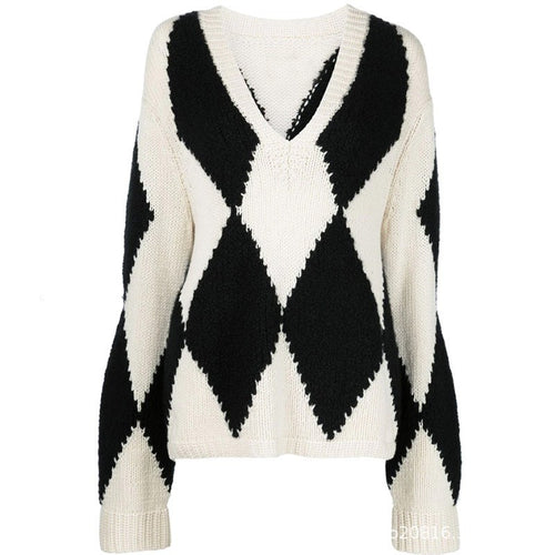 Dame Groft-strikket sweater med V-hals og moderne rombmønster Stilla