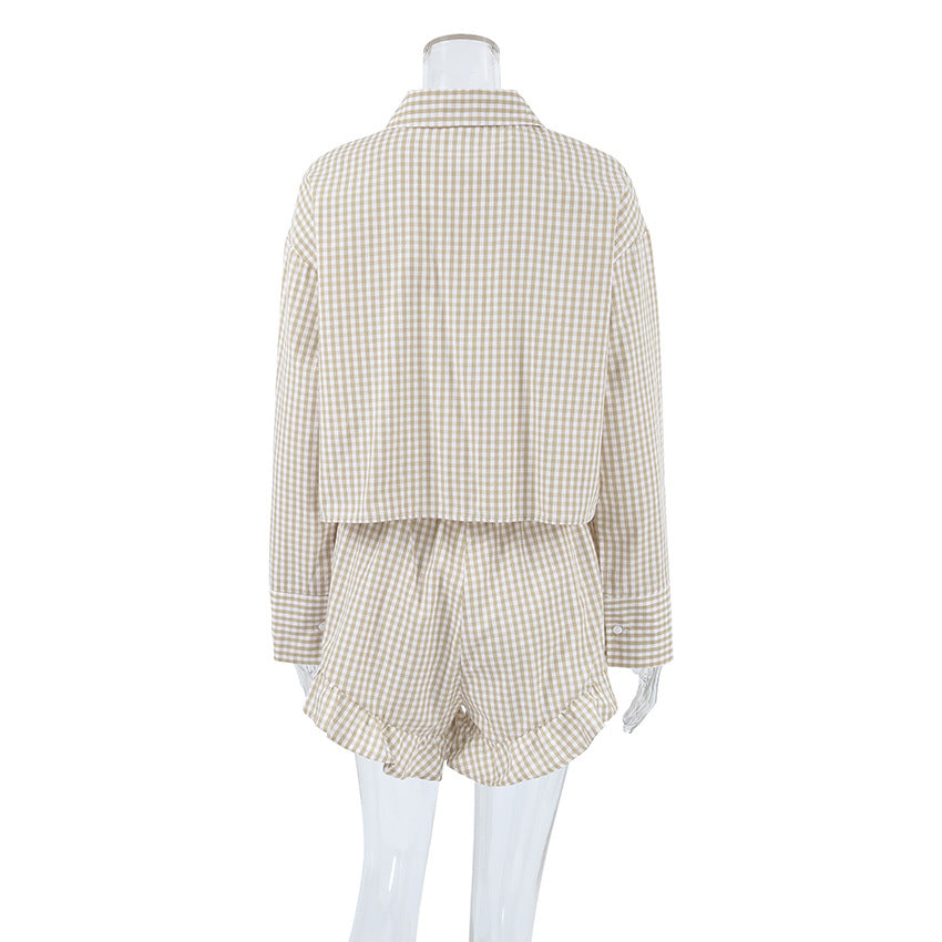 Dame pyjamasæt med ternet mønster og flæse detaljer Stilla