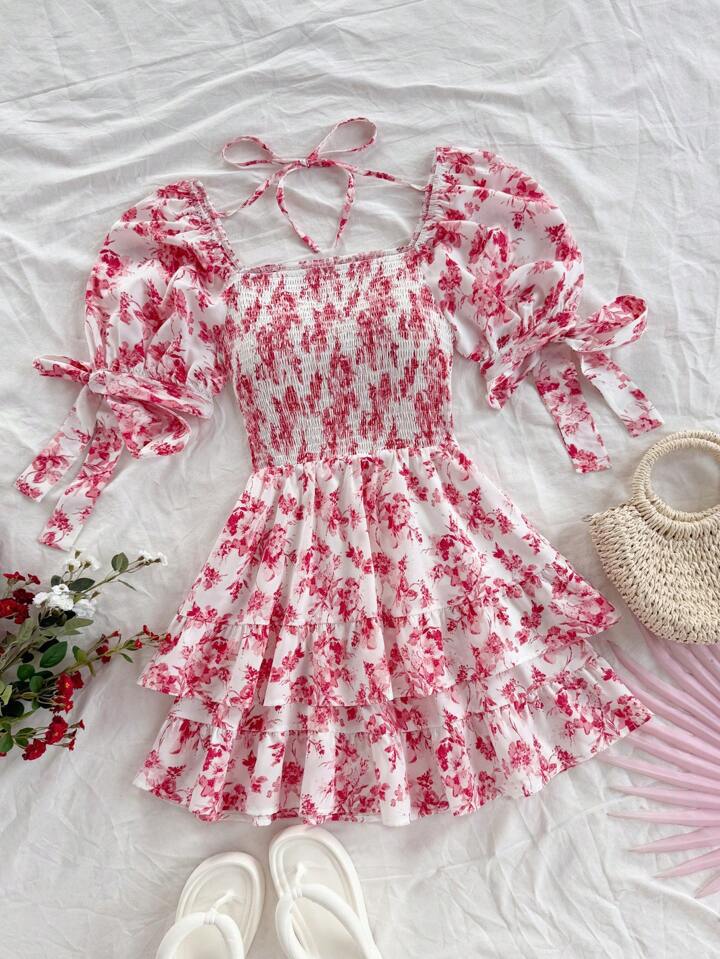 Dame blomsterprint rynket mini kjole Stilla