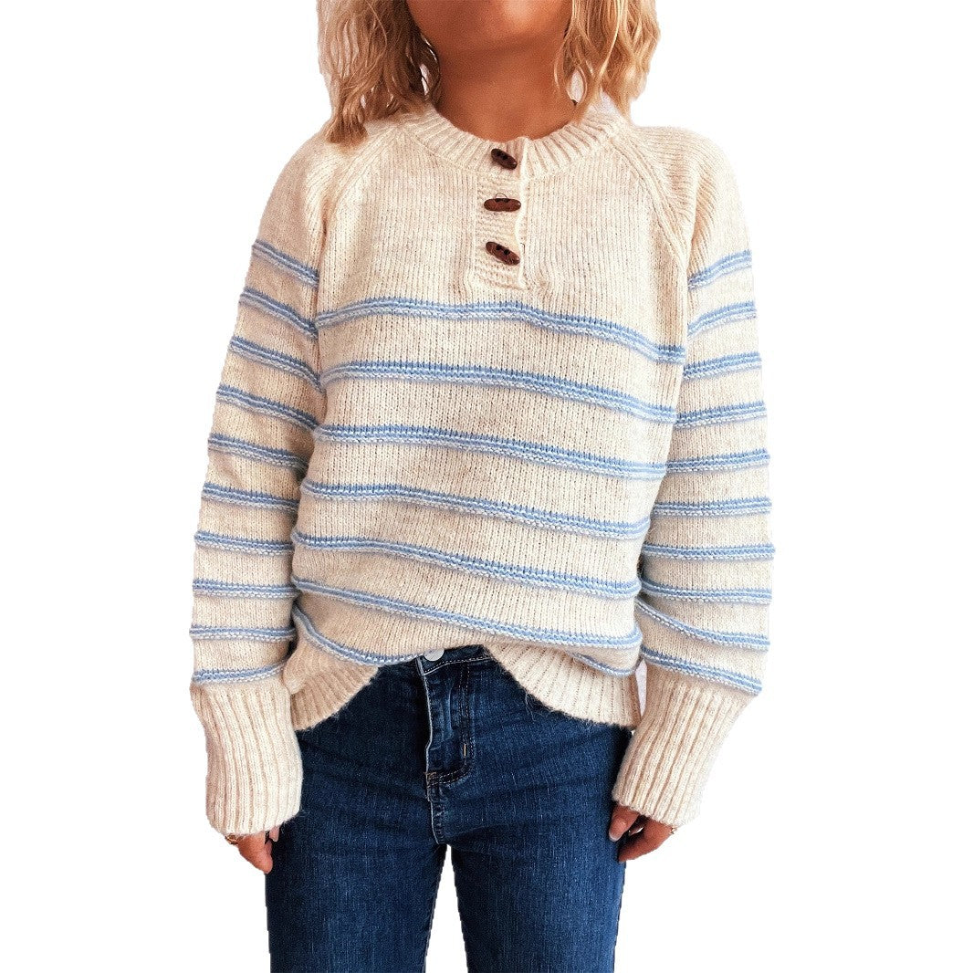 Kvinder mønstrede strikkede sweater med knapdetaljer og vid hals Stilla
