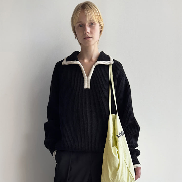 Dame afslappet strikpullover med moderne polo-krave og elastisk manchet Stilla