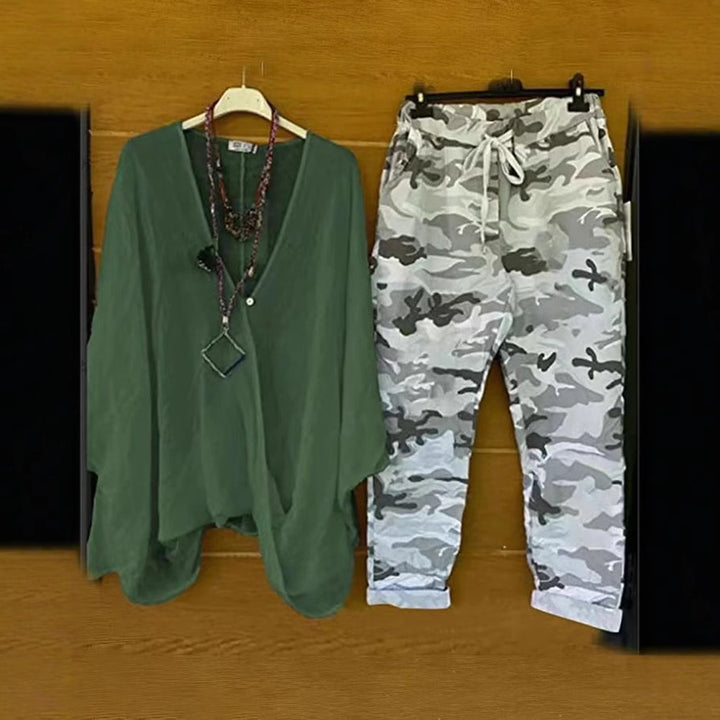 Dame nan to-delt outfit af flydende kimono-top og camouflage-joggingbukser Skovae