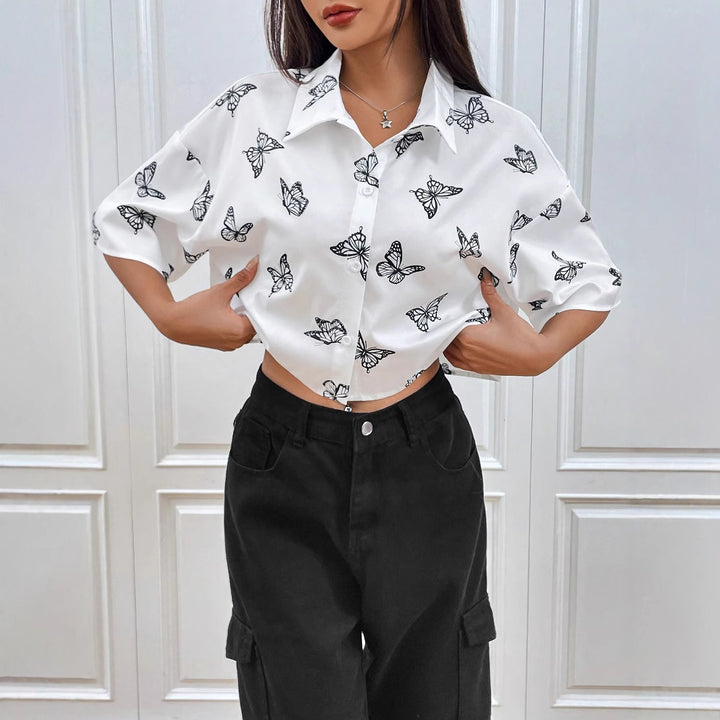 Dame sommerfugleprint kortærmet button-up skjorte Stilla