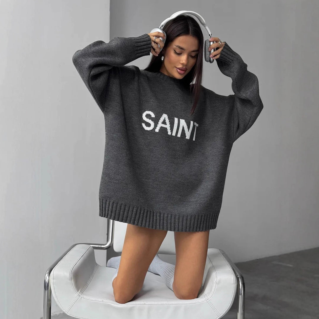 Kvinder Oversized Strik Sweater med Kreativ Skrift Stilla