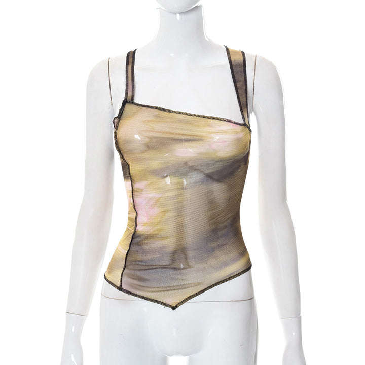 Dame elegant top med asymmetrisk snit og gennemsigtigt design Skovae