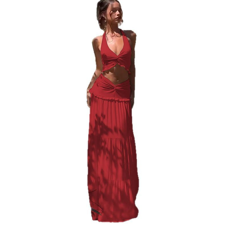 Damen Zweiteiliges Sommer-Outfit mit Knotted Top und fließendem Rock Skovae