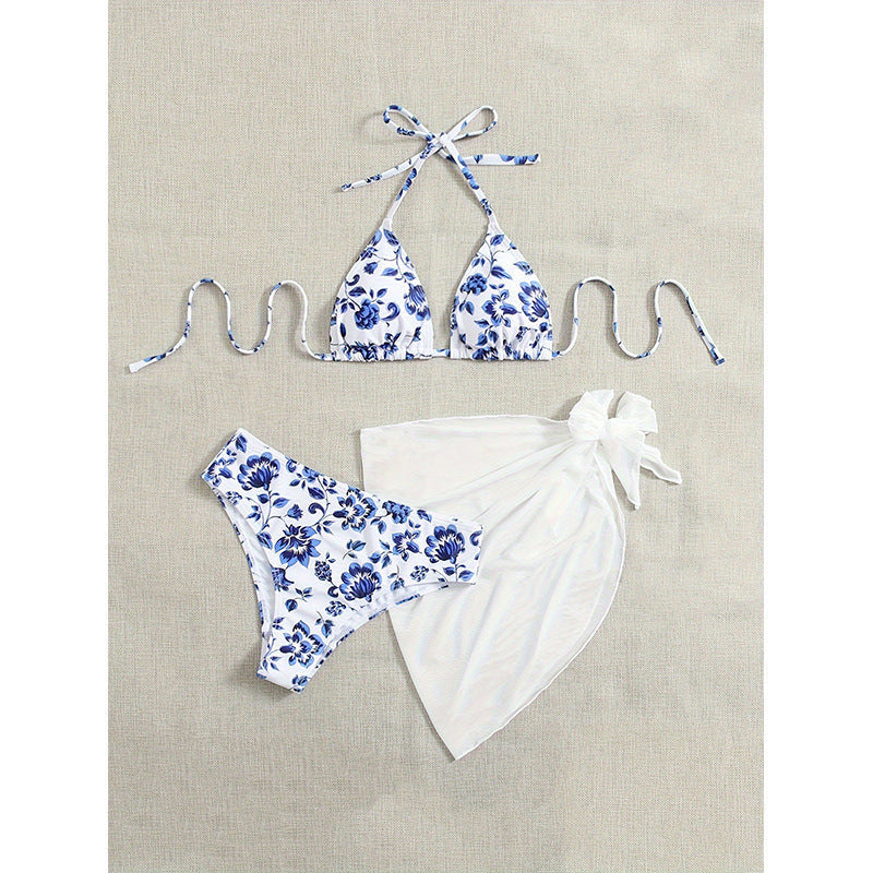 Dame Triangel-Bikini-Sæt med floral mønster og let overtræk Skovae