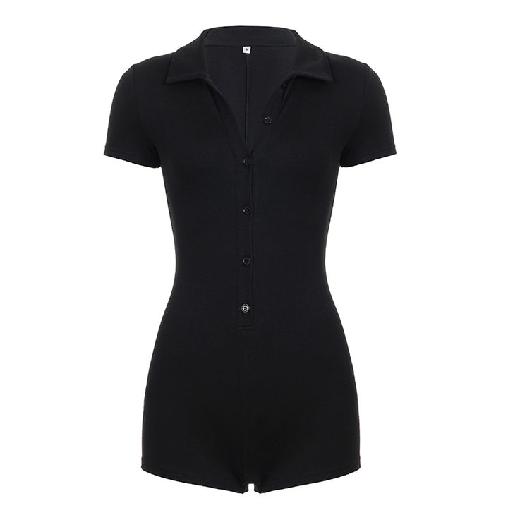 Damer kortærmet jumpsuit med knaplukning og elegant polo krave Skovae