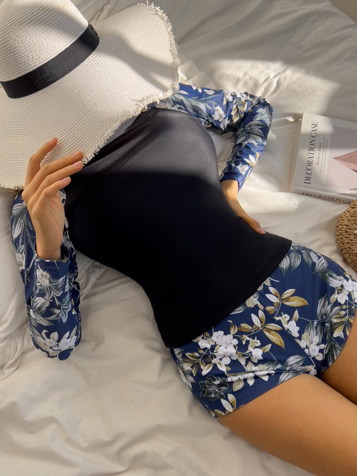 Dame Langærmet Svømmedragt Sæt med blomstret mønster og behagelige shorts Stilla