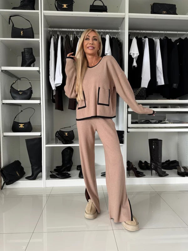 Dame Strik-Loungewear-Sæt med kontrasterende lommer og løs pasform Stilla
