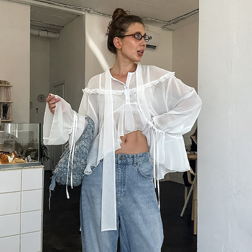 Dame Let Chiffonbluse med Flæsedetaljer og Legesyge Bånd Stilla