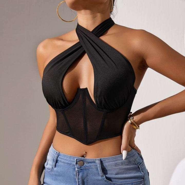 Dame Crop-Top med raffineret indpakningsdesign og gennemsigtig corsage Stilla