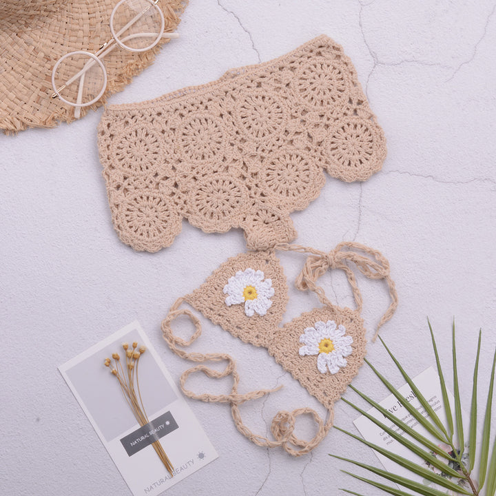 Dame hæklet bikini-sæt med florale applikationer og legende design Stilla