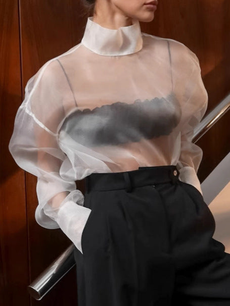Dame Gennemsigtig Bluse med Puffærmer og elegant Ståkrave Stilla