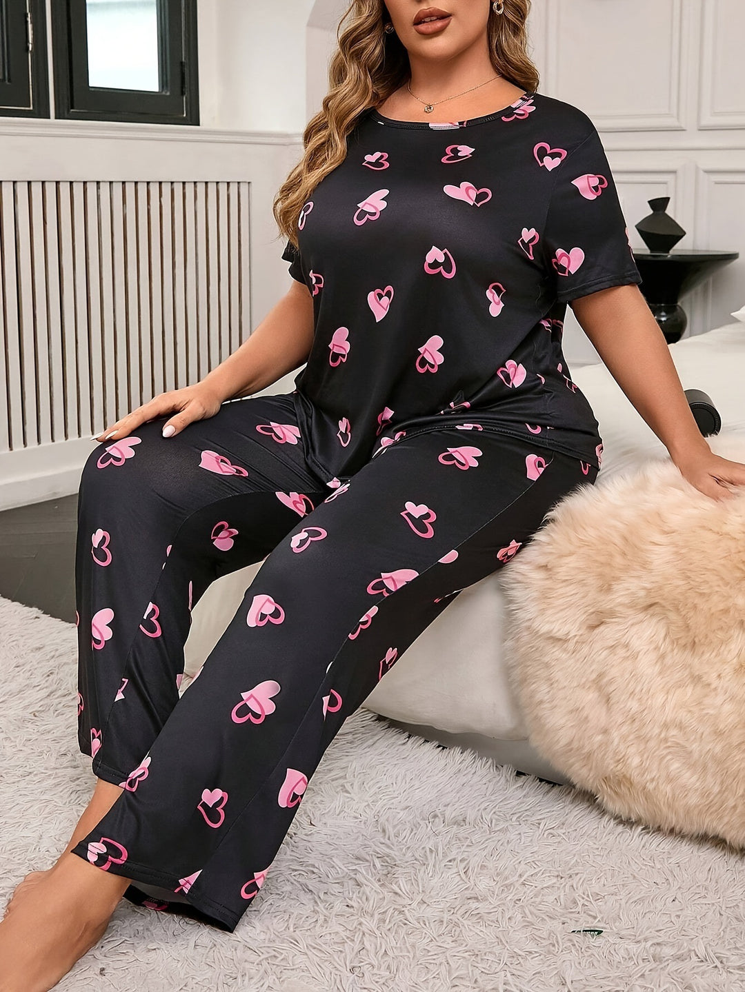 Dame pyjamasæt lavet af blødt bomuldsstof med hjerteprint Stilla