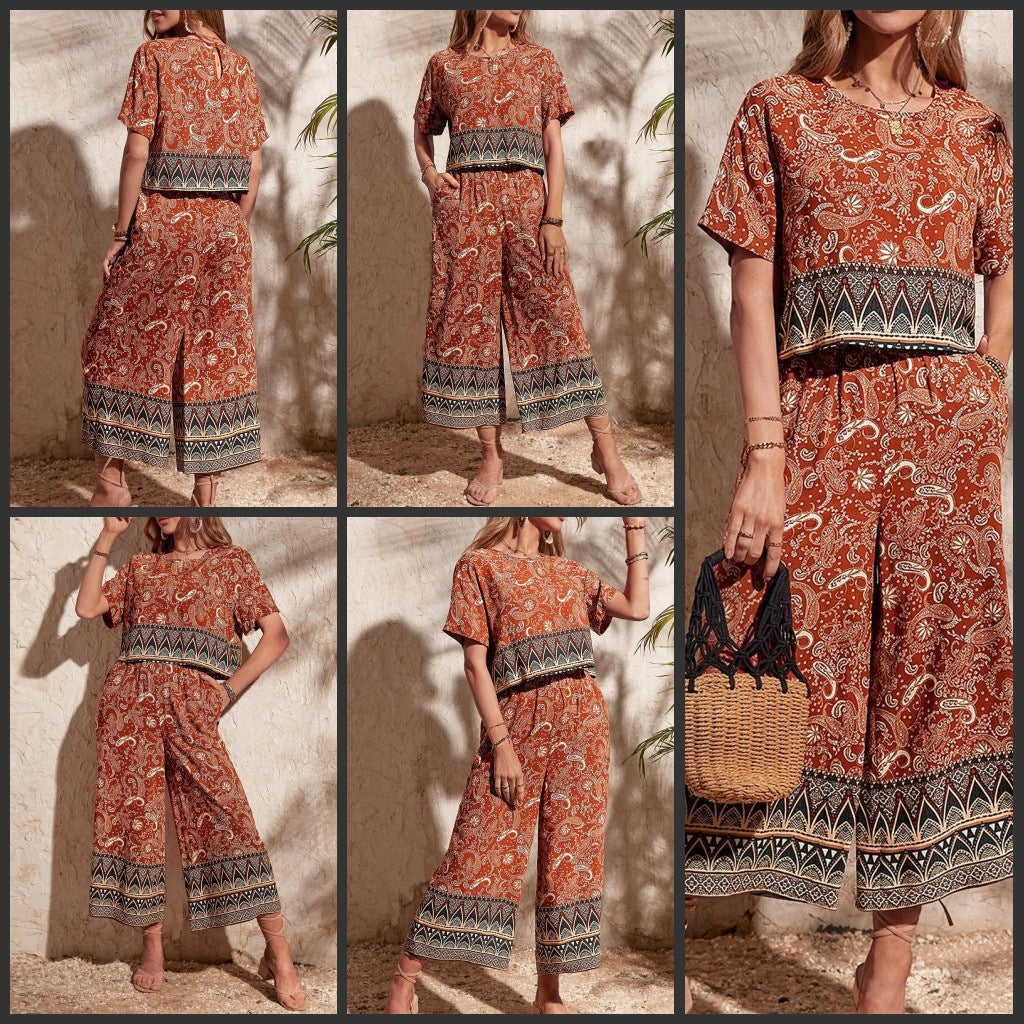 Damekombination i Boho-stil med fritidsoverdel og bredt ben Stilla