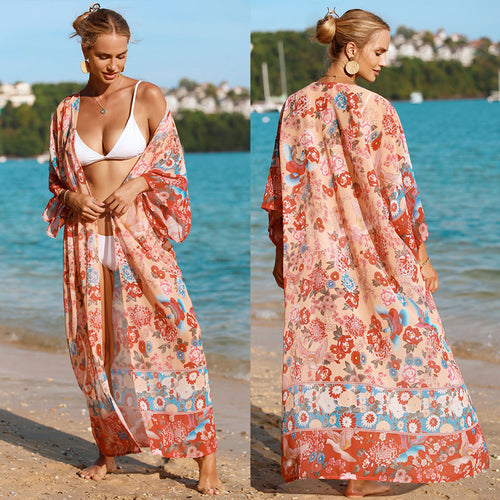 Dame floral strandkimono med løstsiddende ærmer Skovae
