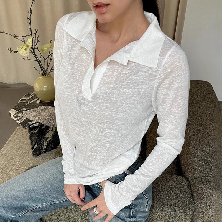 Dame Langærmet Poloshirt med struktureret stof og elegant krave Stilla