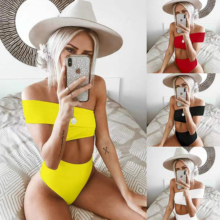 Dame højt skåret bikini med skulderfri top og elastisk materiale Skovae