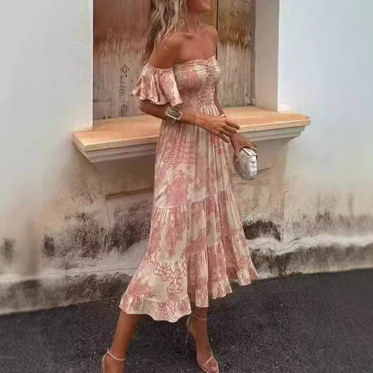 Women's Off-Shoulder Maxi Dress with Ruffle Details and Elastic Waistband Skovae