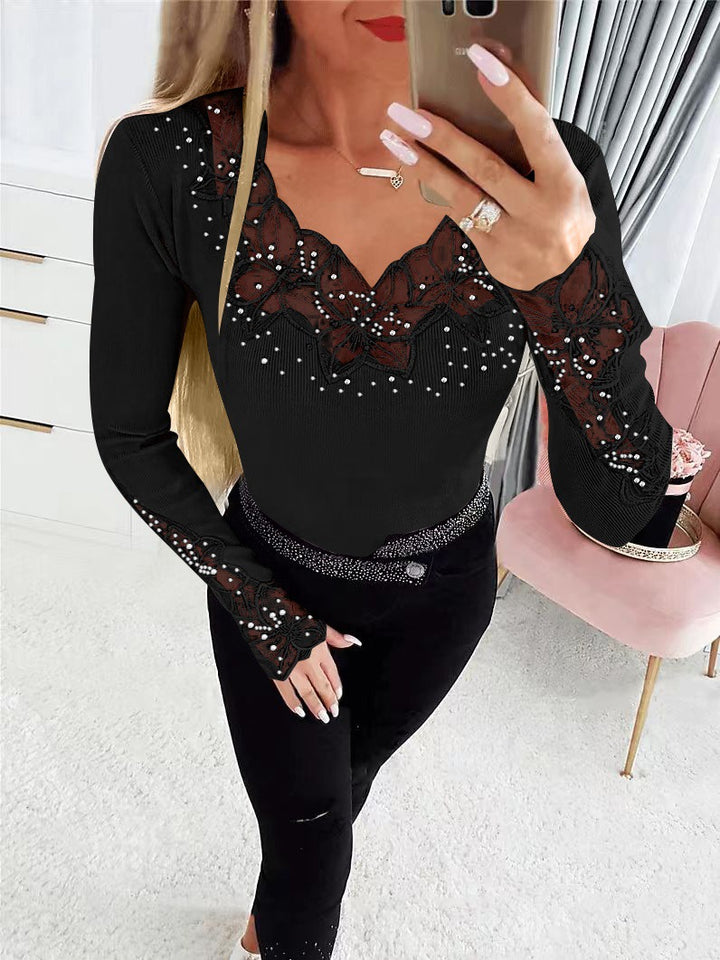 Dame nan figursyet finstrikket bluse med V-udskæring og blomster spidsapplikation Skovae