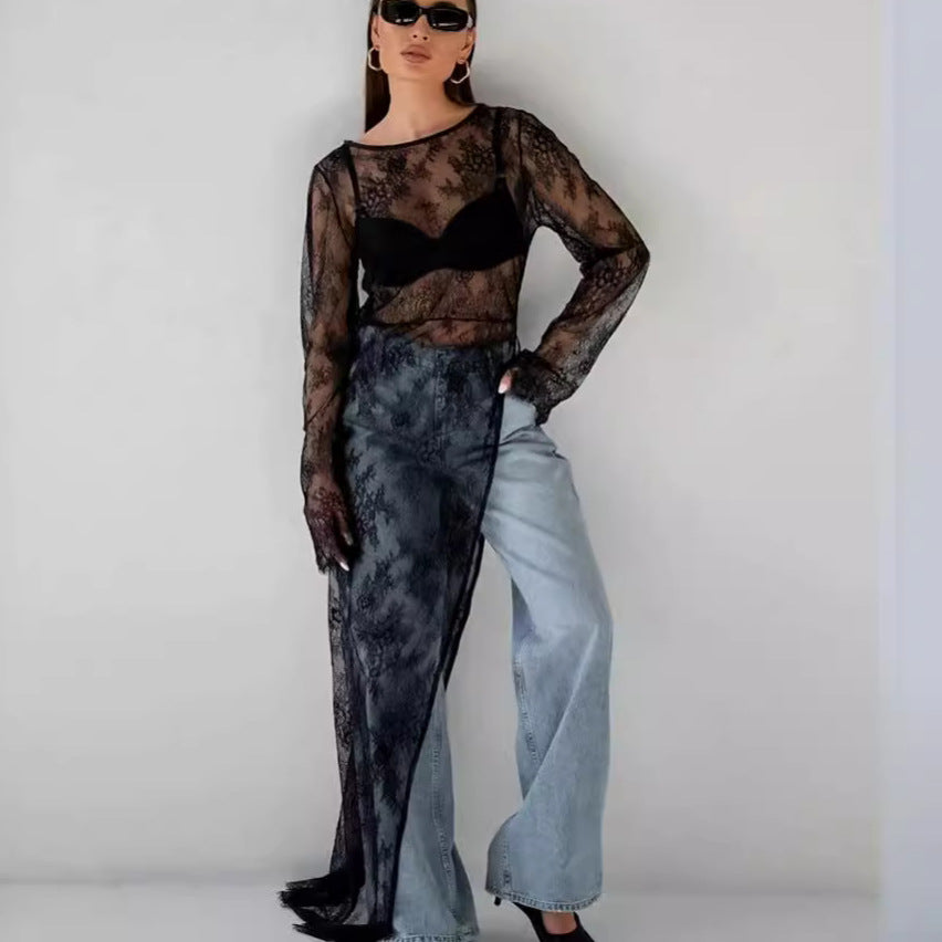Dame gennemsigtig spidsbluse med figursyet tanktop og elegante detaljer Stilla