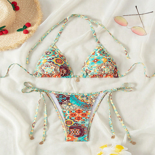 Dame Triangel-Bikini med blomstermønster og elegante bindebånd Skovae