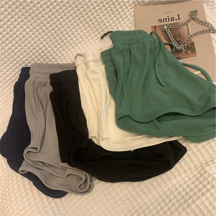 Dame Rib- Højtaljede Lounge-Shorts med Snøre Stilla