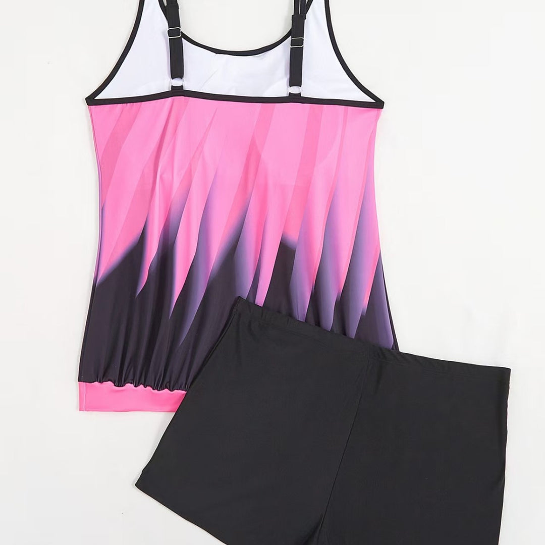 Dame sporty tankini sæt med farverigt top og komfortable shorts Skovae