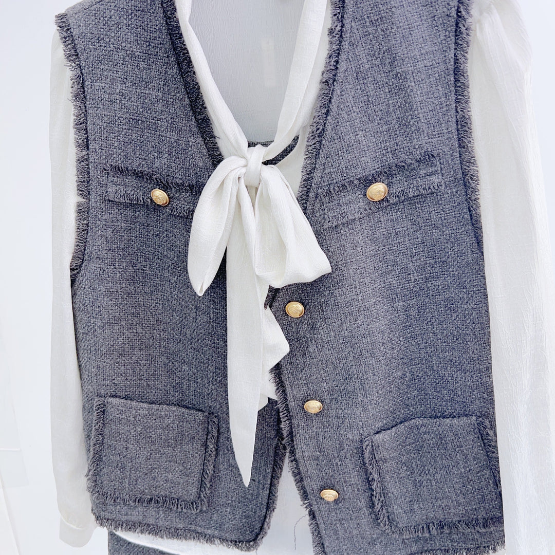 Dame 2-i-1 Vest-nederdel-kombination med frynsede detaljer og elegante knaplukninger Stilla