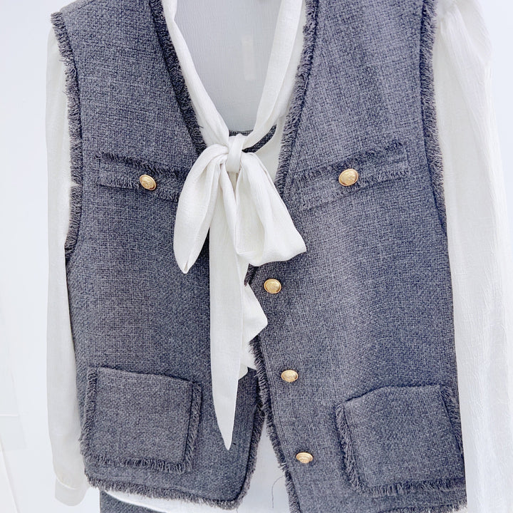 Dame 2-i-1 Vest-nederdel-kombination med frynsede detaljer og elegante knaplukninger Stilla